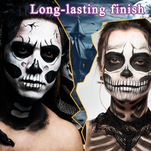 Black White Face Body Paint Set,Professional Oil Based Face Painting Kit with 2 Brushes,Halloween Face Paint SFX Makeup Palette Kit for Skull Costume Party Skeleton Cosplay Clown Art Theater - Image 6