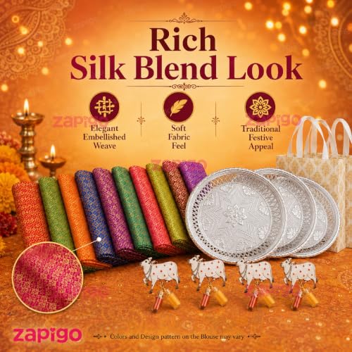 Image of Habba Blouse Piece with Cow Kumkum Set, Decorative Silver Plate & Laminated Carry Bag, Silk Blend Blouse Material Combo for Traditional Haldi Kumkum, Pooja Return Gifts, Navratri, Diwali - Pack of 5