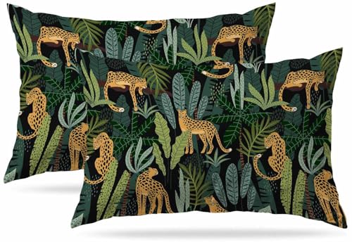 Zovinex Decorative Soft Short Plush Cushion Covers Set of 2 Pack 30 x 50 cm (12" x 20") Rectangular Leopards and tropical leaves Throw Pillow Covers for Garden Patio Living Room Couch Sofa