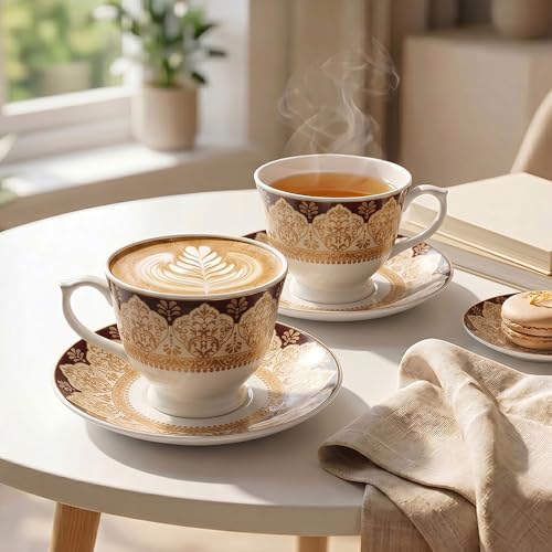 Image of U.P.C. Tea Cup & Saucer Set of 6 | 180ml | Royal Amber Damask Medallion Print | Ivory, Brown & Antique Gold | Microwave & Dishwasher Safe | Premium Festive Wedding Gift Crockery Set