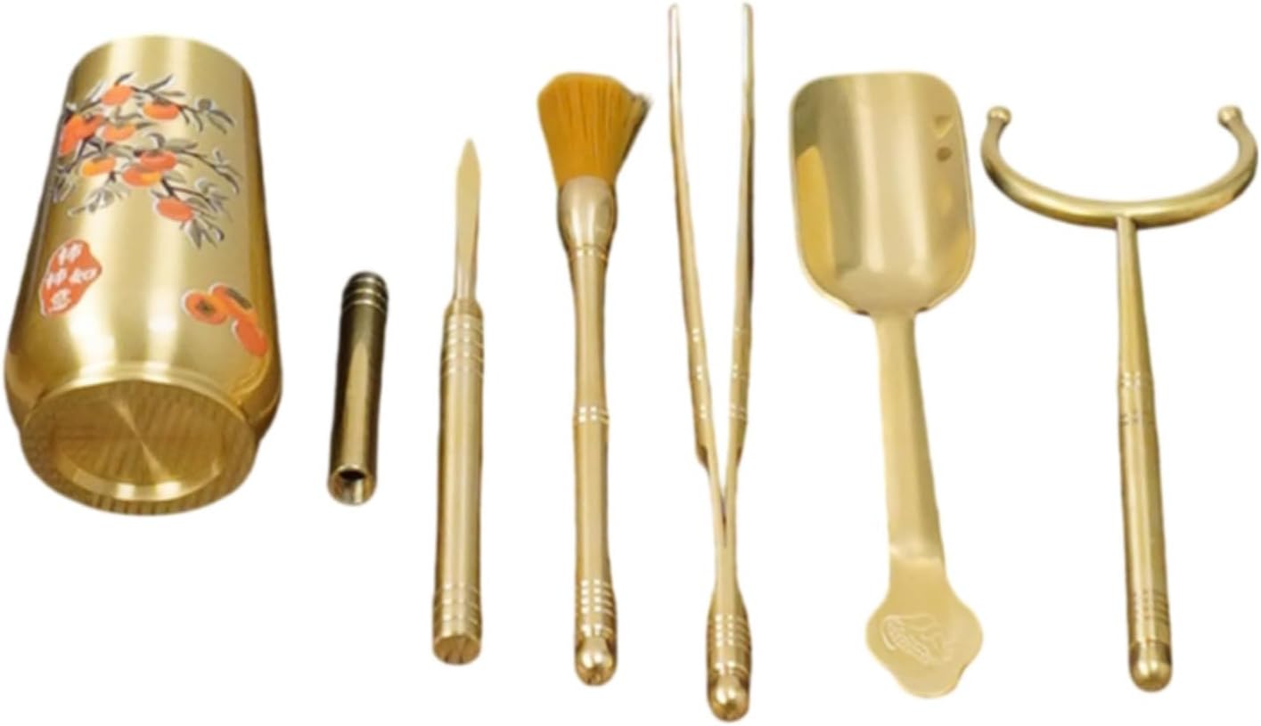 黄铜茶道六君子功夫茶具配件茶夹茶刀茶 Ceramic Kung Fu Tea Set,teapot,Teacups,warming Wedding Birthday Gift,Tea Tray Chinese,Dishwasher Safe 柿柿如意黄铜茶道六君子