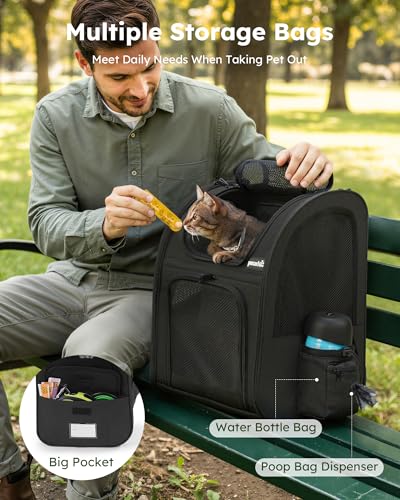 pecute Haustier Rucksack mit Netzfenster, Tragbare und Faltbare Katzentasche, Atmungsaktive und Leichte Hundetasche, Wasserdichtes Oxford-Tuch mit viel Platz, Multifunktional rutschfest Schwarz 6kg