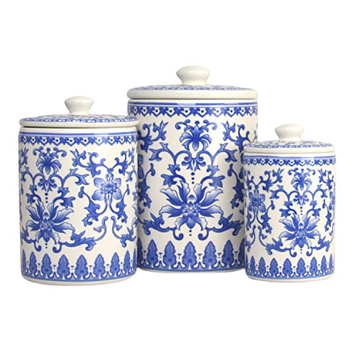 10 Strawberry Street Chinoiserie 3 Piece Canister Set, White/Blue