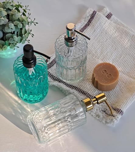 Image of JASAI 18 Oz Embossed Clear Glass Soap Dispenser with Rust Proof Pump | Refillable Dish soap Dispenser for Kitchen, Premium Bathroom Soap Dispenser for Hand soap, Lotion (Clear)