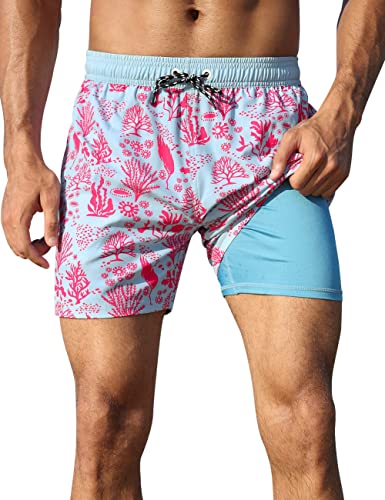 Nonwe Men's Swim Trunks with Compression Liner Quick Dry 2 in 1 Board Shorts Swimwear