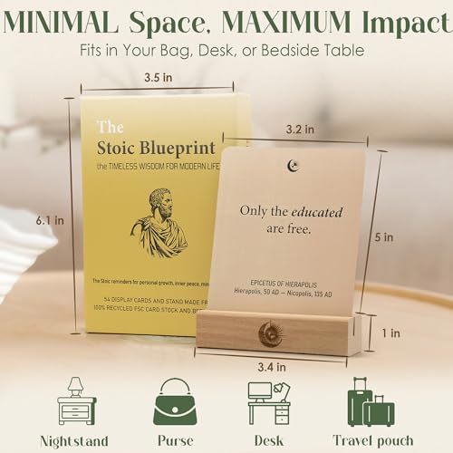 Image of The Stoic Blueprint - 54 Daily Stoic Motivational Cards with Display Stand and Journal Prompts - Personal Growth & Mindfulness Gift for Men and Women - Inspirational Quotes for Desk, Office, or Home Decor