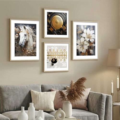 Image of kotart Premium Golden and Black Horse Paintings with Frame for Home Decoration - Modern Art Painting for Living Room Bedroom Office Wall Decoration - Pack of 4 (Art 6, Big (13x17 or 13x13 inch))