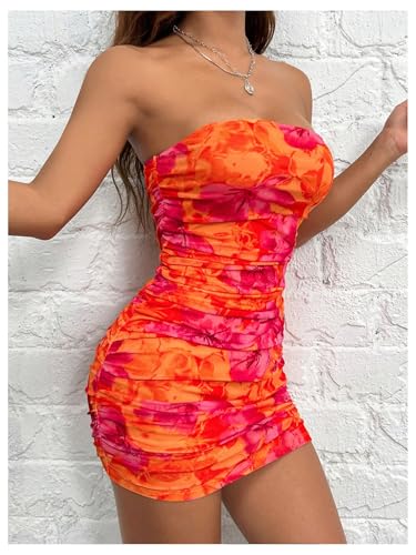WDIRARA Women's Floral Mesh Strapless Ruched Tube Mini Dress Short Bodycon Dresses4