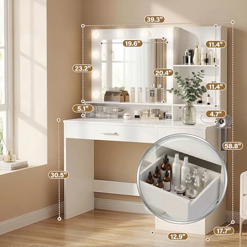 Image of YESHOMY 39 inch Vanity Desk with Mirror & Lights, Makeup Vanity Table with Power Outlet & Storage Drawers, 3 Color LED Lighting, Dressing Table for Bedroom,Modern White