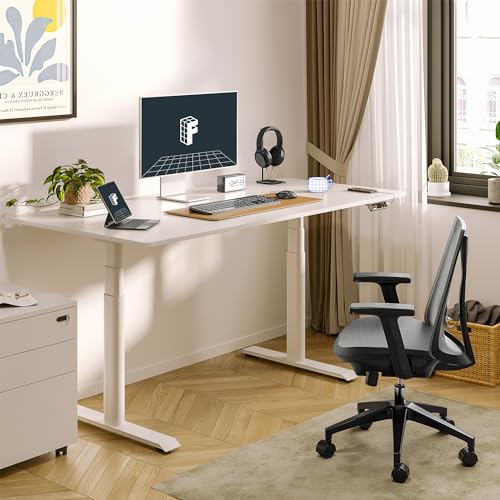 Image of FLEXISPOT E6 Pro Large 60 inch x 24 inch Dual Motor Electric Standing Desk, Organic Modern Oval Leg Design, 3-Stage Height Adjustable Sit Stand Desk with Heavy Duty 330lbs, White Desktop, White Frame