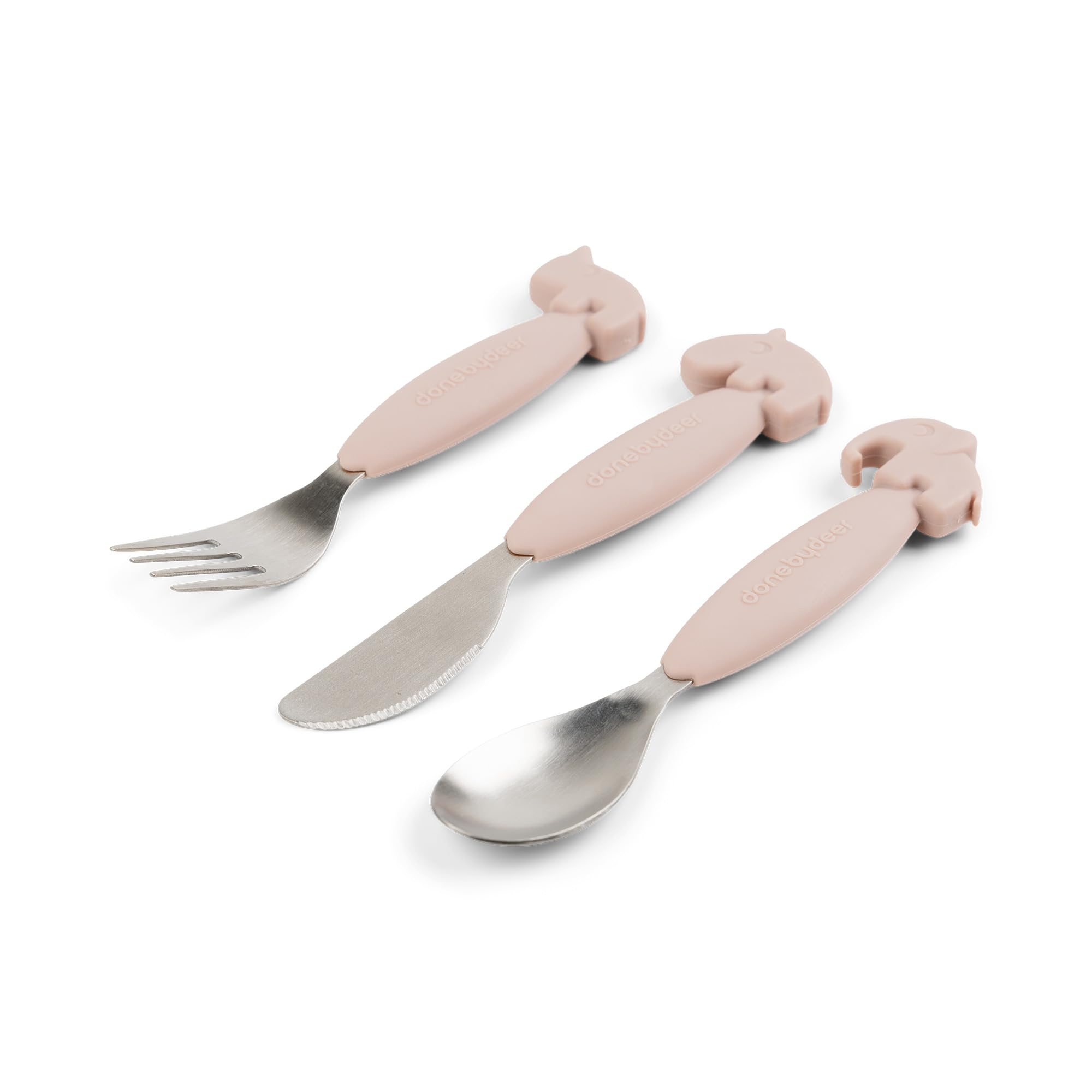 Done by Deer - Set di posate in polvere di Deer Friends, impugnatura facile da impugnare, manici morbidi e antiscivolo, design carino con cervi amici, perfettamente dimensionato per le mani piccole,