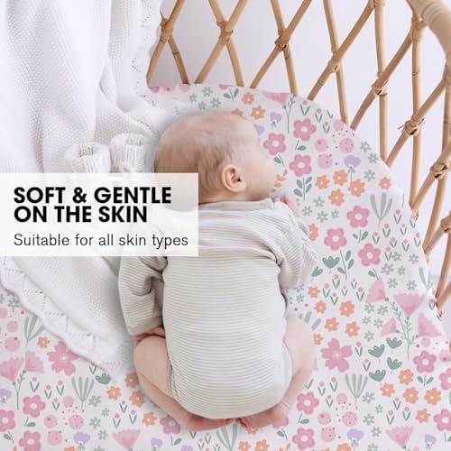 Image of Little Grape Land Bassinet Sheets 4 Pack, 33 inch x 18 inch Fitted Bassinet Sheets Up to 4 inch Deep Pocket, Ultra Soft Baby Bassinet Fitted Sheets for Bassinet Mattress, Butterfly Bloom