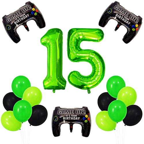 Video Game 15Th Birthday Party Supplies Balloons Boys Party Decorations- Game Controller Foil Mylar Balloons - 40 Inches Lime Green Number 15 - Black And Green Latex Balloons #TOP2
