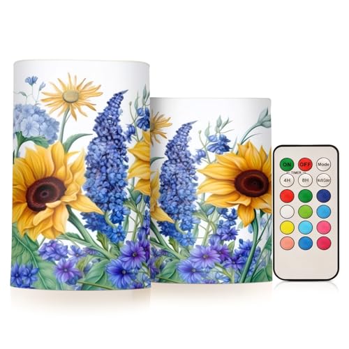 Kigai Sunflowers Flameless Candles with Remote Control and Timer,Battery Operated LED Pillar Candles Adjustable Brightness for Ourdoor Indoor Use,Home Decor,2 Pack
