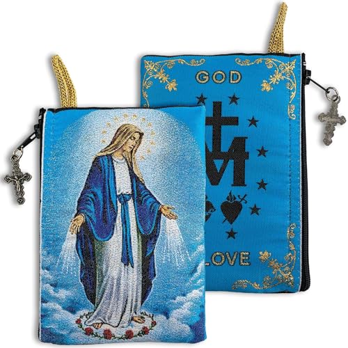 Image of Catholic Rosary Pouch, 4 inch x 6 inch Jewelry & Coin Purse with Cross, Small Woven Tapestry Icon Bag, Bolsa de Rosario Catolico para Joyeria, Our Lady of Grace & Miraculous Medal Symbol, 4 inch x 6 inch