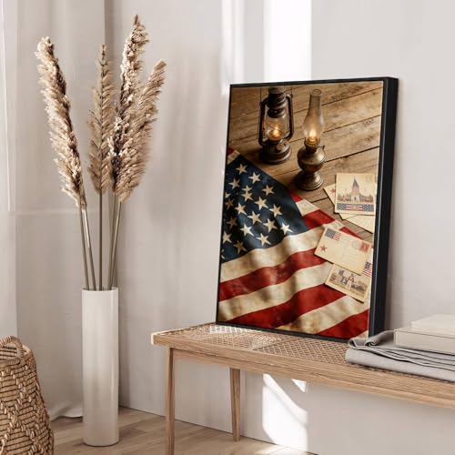 Image of American Flag Framed Canvas Wall Art, 4th of July Red White Blue Canvas Prints, USA Flag with Picture Patriotic Decorations, Modern Independence Day Wall Decor for Bedroom Living Room Office 8x10