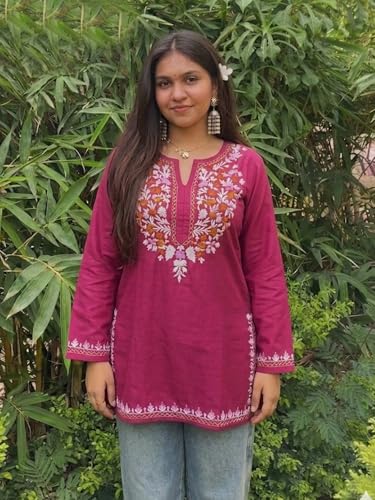 Image of GoSriKi Short Kurti for Women Viscose Embroidered | Kurti for Woman Regular Fit | Round Neck V Slit Full Sleeve Stylish Ladies Top Ethnic Wear Womens Clothing Trendy Kurta Tops