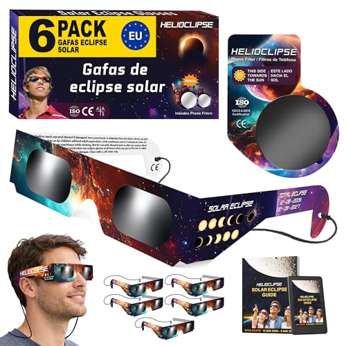 Helioclipse 6x Gafas Eclipse Solar Homologadas ISO 12312-2 2026 - Gafas para Ver Eclipse Solar - Gafas de Eclipse Solar Homologadas - 1x Filtro Solar Móvil