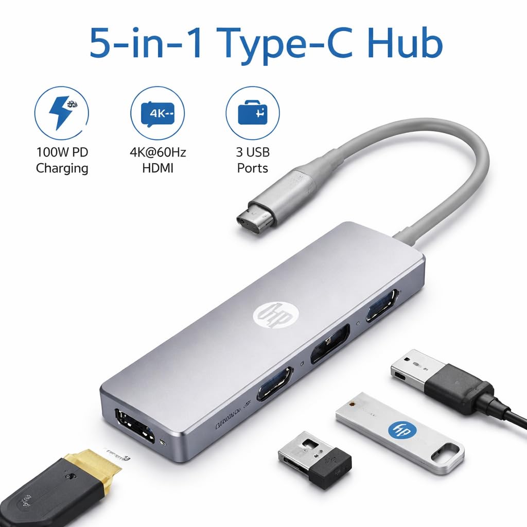 HP USB C Docking Station - 5-in-1 Multi-Port USB C Hub with 4K HDMI, 100W Power Delivery, for Laptops, MacBook, iPad, Thinkpad and More, Silver