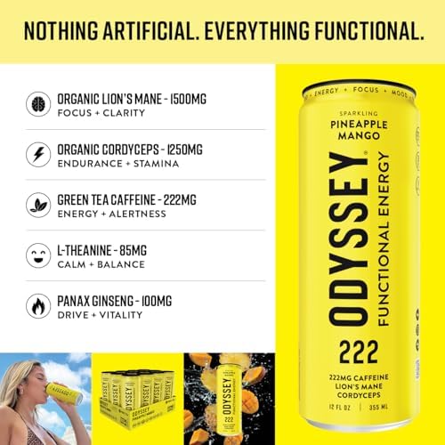 Image of Odyssey Functional Energy Drink, Pineapple Mango, 222mg Green Tea Caffeine, Clean Energy & Focus, Low Calorie, No Added Sugar, No Crash, Lion's Mane & Cordyceps, 12 Pack 12 Fl Oz
