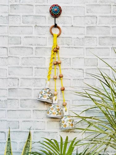Image of Crafty Co. Decorative Wall & Door Hanging Toran with Bells for Home Entrances (Yellow)- Bunch of 3 Big Bells | Macrame Wall Hanging Toran for Diwali, New Year, Festive Decoration, Balcony & Door Decor