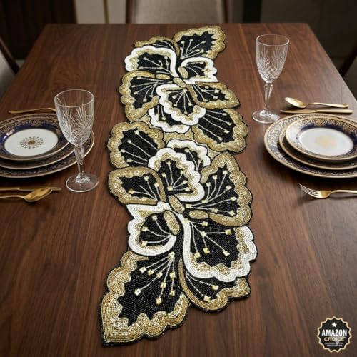 Image of Cotton Beautiful Beaded Multi Colour Flowers Table Runner Craftsmanship Measure 13 * 36 Inches| Thanksgiving - Occasional Decoration,Medium
