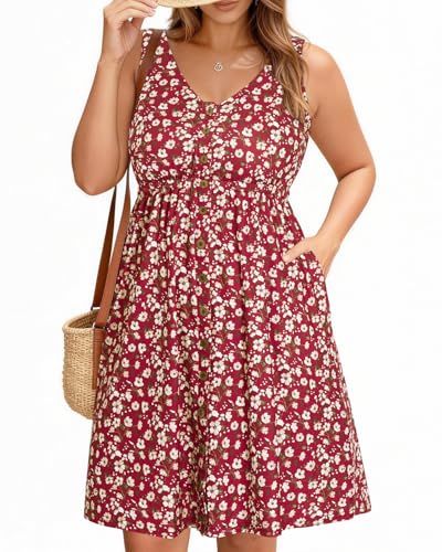 Image of Holipick Women's Plus Size Summer Dresses for Women Casual Dress with Pockets A-Line Swing Button Down Sleeveless V Neck
