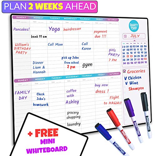 SmartyPlans Dry Erase Weekly Extra Thick Magnetic Calendar for Refrigerator: 17x13" Two Week