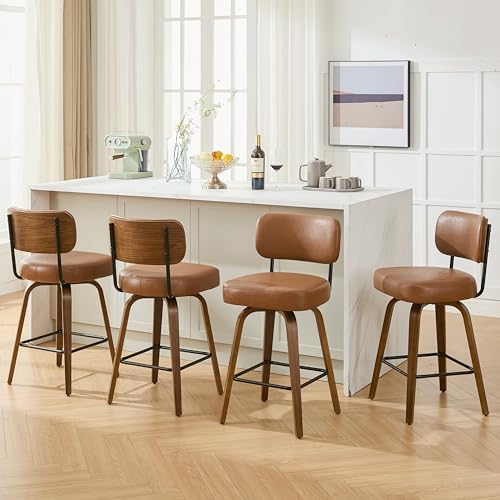 Image of Swivel Bar Stools Set of 4, 30 inch Upholstered Counter Height Bar Stools with Back and Walnut Wood Legs, Faux Leather Barstools for Kitchen Counter, Brown