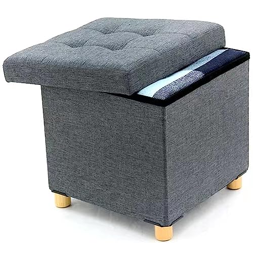 BAKAJI Pouf Contenitore con Rivestimento in Lino, Seduta Imbottita e Comoda, Struttura e Piedini in Legno, Baule Multiuso, 38 x 38 x 38 cm, Ideale per Camera da Letto, Ingresso, Cameretta (Grigio)