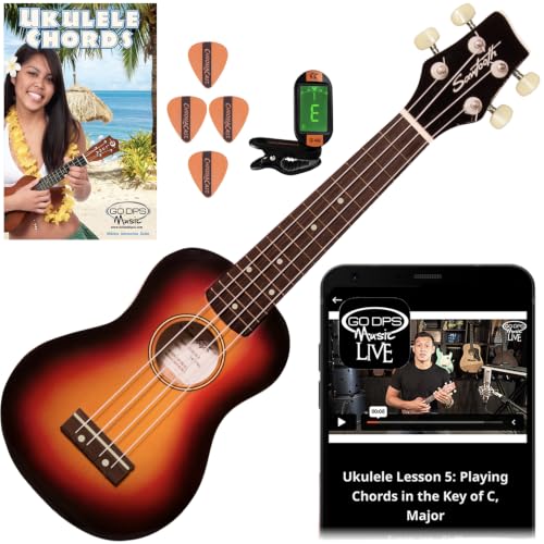 Sawtooth Sunburst Soprano Ukulele Beginner Starter Kit with Color-Matched Tuning Pitch Assistant...