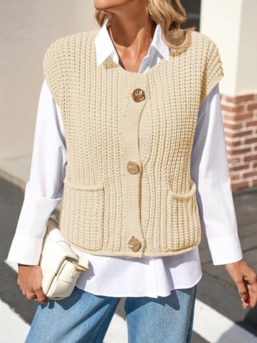 Saodimallsu Womens Sleeveless Cropped Sweater Vest Crochet Chunky Knit Button Down Cardigan Vests Tops with Pockets4