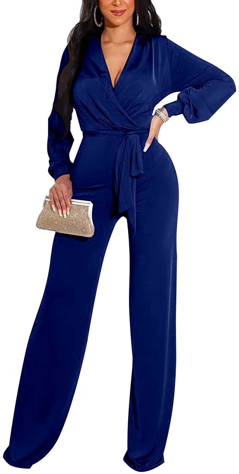 shengfan Formal Jumpsuits for Women Dressy Evening Sexy Deep V Neck Plus Size Long Wide Leg Pants Rompers Clubwear