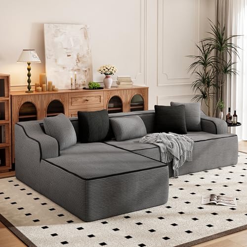 PHI VILLA Canapé Compressé Modulable, Boneless Couch Sofa Canape Mousse 4 Places en L avec Siège Profond et 5 Coussins, Velours Côtelé, Aucun Assemblage...