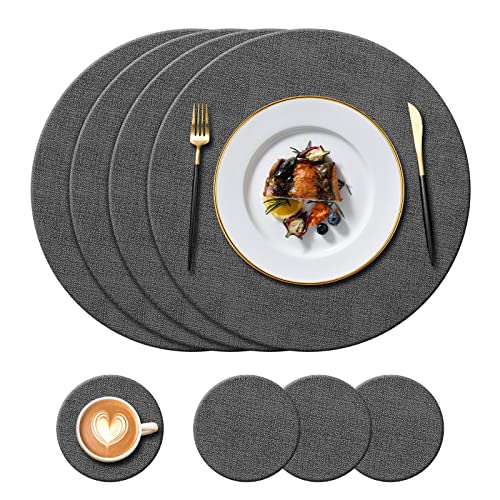 KERYCHIN 4 Round Leather Place mats + 4 Coasters Set, Heat Resistant 212 °F PU Placemats, Non Slip and Washable