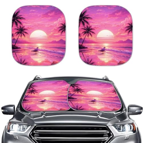Image of Car Sun Shade Windshield Sunshade Pink Sunset Palm Tree Auto Interior Protector Foldable 2-Piece Sun Visor Windshield Cover Automotive Interior Accessories Fit Most Cars
