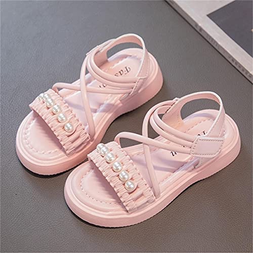 Girls Sandals Kids Pearls Princess Dress Shoes Open Toe Crossover Ankle Strap Buckle Flats Summer Walking Sandal2