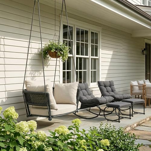 Image of Swing Chair Outdoor, Single Hanging Porch Swing, Ceiling Hanging Chair for Bedroom, 106 inch Adjustable Rope Swinging Chair Indoor, Heavy Duty 400lbs Patio Outdoor Swings for Deck /Balcony, Beige
