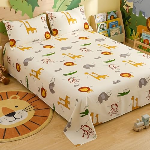 Story@Home Cartoon Bedsheet Double Bed with 2 Pillow Covers 180TC Microfiber, 225 x 250 cm, Off White & Brown, Bedsheet for Kids, Jungle Safari Print, 180 TC | Kids Bed Sheet for Double