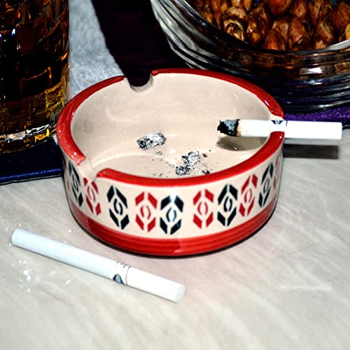 KITTENS® Ceramic Ashtray – Handpainted Rustic Red Pattern | Round Ash Tray for Home, Office, Balcony | Heavy, Durable, Easy to Clean | Handmade & Lead-Free | Unique Gift for Smokers (Set of 1)