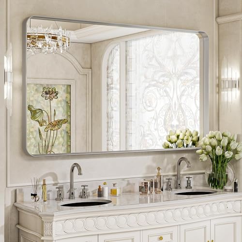 VooBang Large Bathroom Mirror 30x56 inch, Gorgeous Deep Frame Wall Vanity Mirror for Over Sink with Shatterproof Tempered Glass, Hanging Horizontal or Vertical, Silver