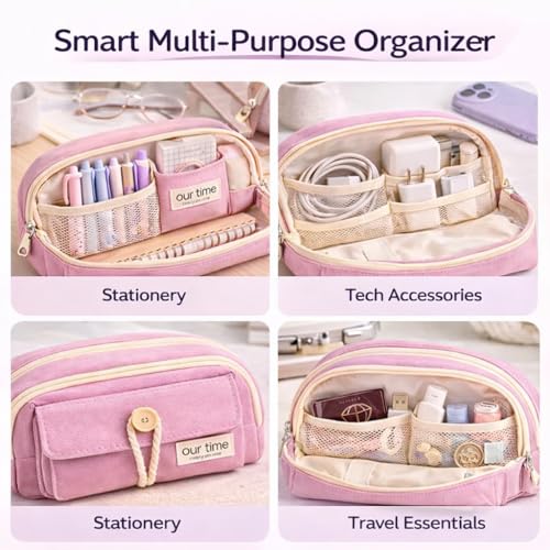Image of Kawaii Cute Aesthetic Pencil Case for Girls & Boys | 3 Layer 6 Compartment Large Capacity Pencil Pouch with Zipper | Cartoon Stationery Organizer Bag for Students & Kids (Pink)