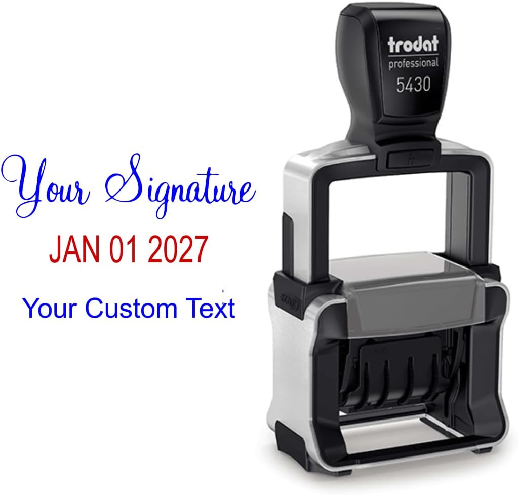 Pro5430 signature-dater self-inking stamp, blue/red