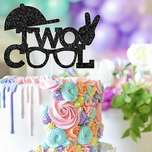 Image of Two Cool Cake Topper | 2nd Birthday Party Black Glitter | Second Birthday Photo Props | Party Decoration Supplies | Smash Cake Decoration | Sunglasses Shape