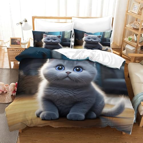 Housse de couette chaton mignon 140x200 parure lit microfibre