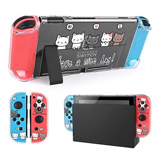 DLseego 猫 Switch 用 ケース クリアケース スイッチ カバー 透明スイッチカバー 分体式 PC素材 超軽量 耐衝撃 取り外し簡単 傷つけ防止 全面保護 可愛い have a nice day