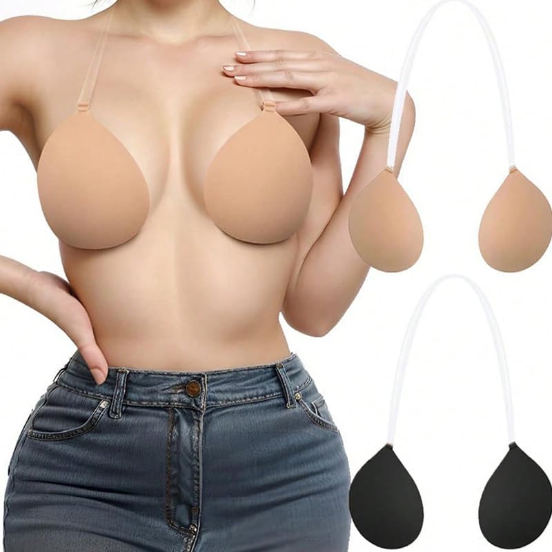 2PCS Sticky Strapless Push Up Bra, Adhesive Halter Dual-Purpose Pushup Lift Invisilift Bra with 2PCS Sticky Cups for Womens