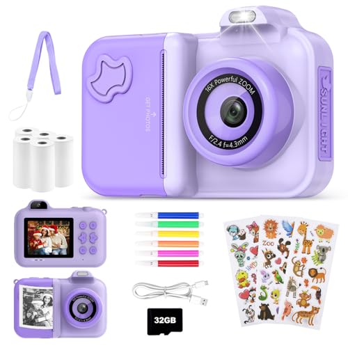 JoJoego Camara Fotos instantaneas Niños, 2,4'' Cámara Fotos Infantil, 24MP Selfie Niños, 1080P HD Cámara Dual, Tarjeta 32GB, 5 Rollos Papel de Impresión, Regalo para Niños de 3-12 Años, Púrpura