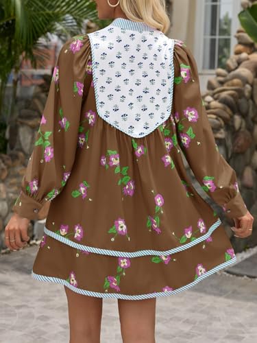 Image of Wenrine Womens Casual Floral Mini Dress Fall Long Sleeve V Neck Patchwork Loose Boho Shirt Dresses