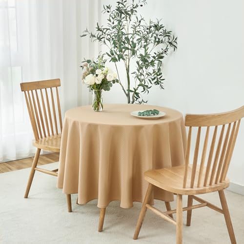 Image of maxmill Round Weaved Texture Design Tablecloth Spill-Proof Wrinkle Free Soft Washable Table Cloth for Circular Table Cover, for Dining Room Buffet Banquet Parties Holiday Dinner, 70 Inch Beige